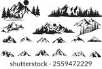 Set of mountain and forest silhouettes with peaks, trees, and cabins in vector style. Ideal for nature, adventure, hiking, and wilderness-themed designs