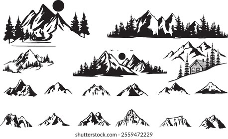 Set of mountain and forest silhouettes with peaks, trees, and cabins in vector style. Ideal for nature, adventure, hiking, and wilderness-themed designs