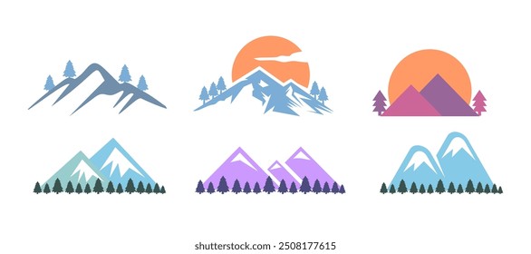Set of Mountain Forest tree logo vector. Landscape silhouette nature color logo