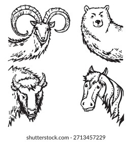 Eine Reihe von Bergziegen, Bären, Bisons, Pferden