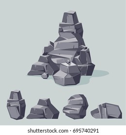 Set Of Mountain Gray Rocks. Cartoon Isometric 3d Flat Style. Set Of Different Boulders