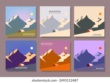 Set of mountain, hill and forest landscape view background vector illustration. Beauty nature horison for cover, poster, cards and prints.