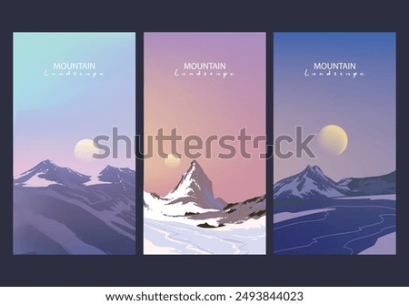 Set of mountain, hill and forest landscape view background vector illustration. Beauty nature horison for cover, poster, cards and prints.