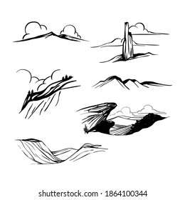 Set of mountain hills vector hand-drawn manually.