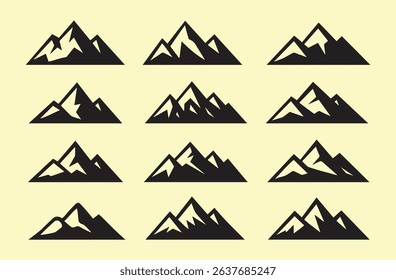 A set of mountain icons in black, arranged on a light yellow background. The icons depict various mountain peak shapes and formations.