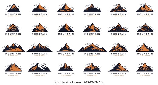 Set Mountain icons, Collection different types of Mountains. Mountain silhouettes, various peak shapes. Ideal for logos, icons, adventure graphics, digital design, print. Versatile, aesthetic, unique