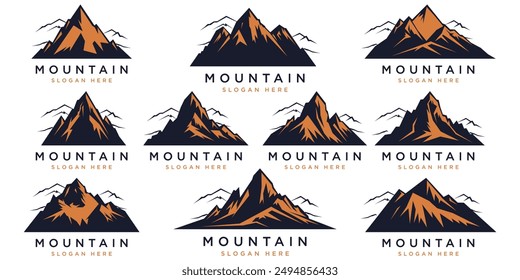 Set Mountain icons, Collection different types of Mountains. Mountain silhouettes, various peak shapes. Ideal for logos, icons, adventure graphics, digital design, print. Versatile, aesthetic, unique