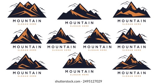 Set Mountain icons, Collection different types of Mountains. Mountain silhouettes, various peak shapes. Ideal for logos, icons, adventure graphics, digital design, print. Versatile, aesthetic, unique