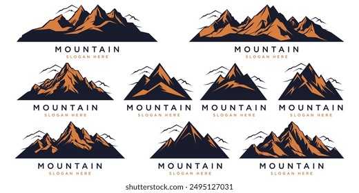 Set Mountain icons, Collection different types of Mountains. Mountain silhouettes, various peak shapes. Ideal for logos, icons, adventure graphics, digital design, print. Versatile, aesthetic, unique