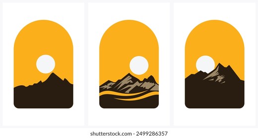 Set Mountain Symbole, Sammlung verschiedene Arten von Bergen. Bergsilhouetten, verschiedene Spitzenformen. Ideal für Logos, Symbole, Abenteuergrafiken, digitales Design, Druck. Vielseitig, ästhetisch, einzigartig