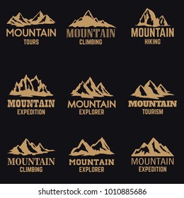 Set of mountain icons in golden style isolated on dark background. Design elements for logo, label, emblem, sign. Vector illustration