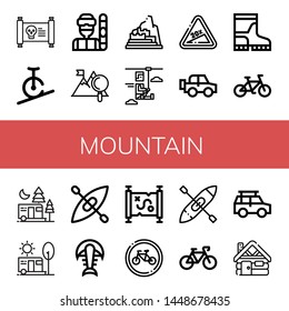 Set of mountain icons such as Treasure map, Rope biking, Snowboarder, Mountain, Machu picchu, Zip line, Hill, Off road, Boots, Bicycle, Camping, Kayak, Fossil, Bikes , mountain