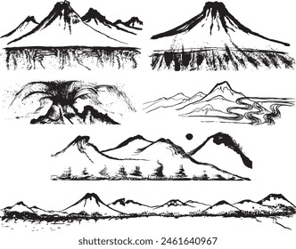 Set of mountain illustrations. hand drawn illustrations.