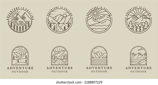 set of mountain and lake logo line art vector simple minimalist illustration template icon graphic design. bundle collection of various adventure and outdoors sign or symbol for travel business