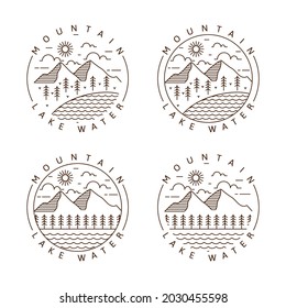 Set of mountain and lake monoline or line art style vector illustration