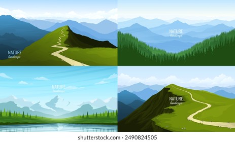 Set of mountain landscape backgrounds. A path leading to the top of the cliff. A panoramic view of the mountains. Green valley near the river. Clear sky. Vector image. The concept of tourism, travel.