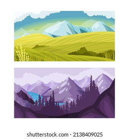 Set of mountain landscape in the daytime and evening morning sky vector illustration