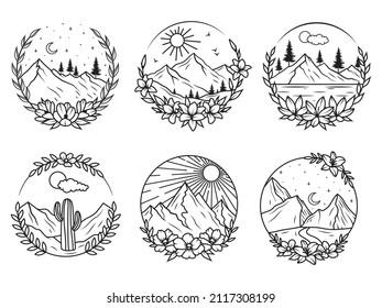 Set of mountain landscape with flower wreath. Collection of wild nature frame with lake, moon, rocks, sunset. Tourism. Vector illustration of hiking on a white background.