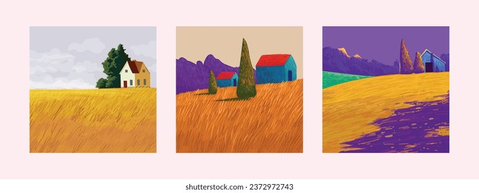 Set of mountain landscape with house village  nature scenery countryside vector illustration background.