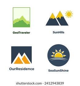 Set von Berg- und Landschaftsbildern. Vektorgrafik im Flachstil. Logo-Paket-Design.