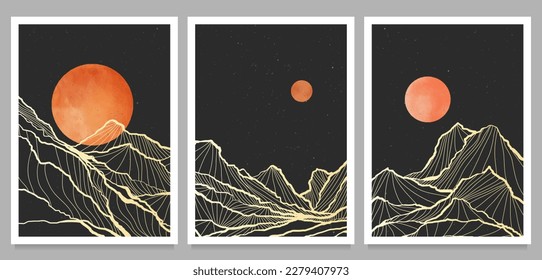Set von Mountain Landschaftsgrafik. Handgezeichneter Stil der kreativen minimalistischen modernen Linie Kunstdruck. Abstrakte zeitgenössische ästhetische Hintergrundlandschaft. mit Bergen, Hügeln, Mondlicht