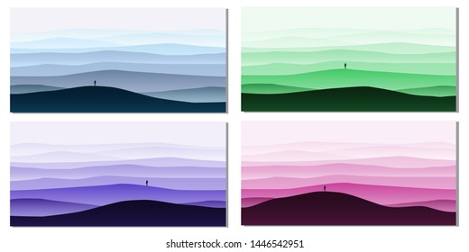 Set Mountain landscape minimalistic. Rocks hills sand horizon panorama. Loneliness solitude. Vector illustration isolated.