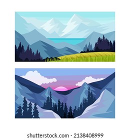 Set of mountain landscape in sunrise and sunset vector illustration