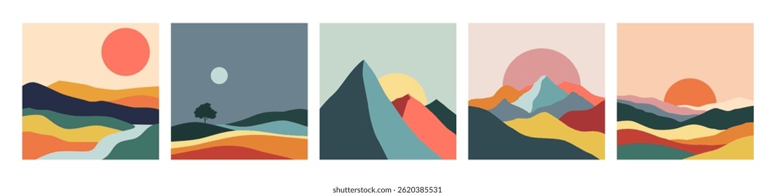 Set of mountain landscapes for design. Set of abstract mountain vector landscape illustrations. Postcards with mountain landscapes.