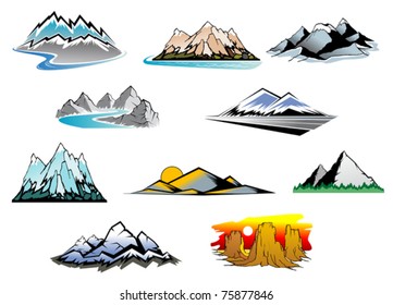 Set of mountain landscapes with winding rivers, snow and a sunset or sunrise background, ten different design elements. Jpeg version also available in gallery