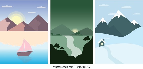 Set of mountain landscapes. Winter landscape with snow-capped mountain tops and a hut. Sea landscape with a boat and the rising sun. Safari, landscape with silhouettes of trees and a river. Flat vecto