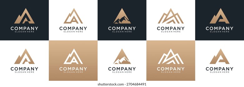 Set of mountain with letter A logo design. Universal icon for business and branding. minimalist elegant luxury design vector illustration.