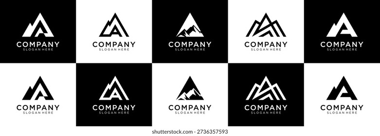 Set of mountain with letter A logo design. Universal icon for business and branding. minimalist elegant luxury design vector illustration.