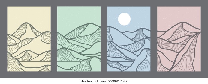 Set of mountain line art backgrounds, luxury wallpaper designs for covers, invitation backgrounds, white line designs, wall art and prints. Vector illustration.