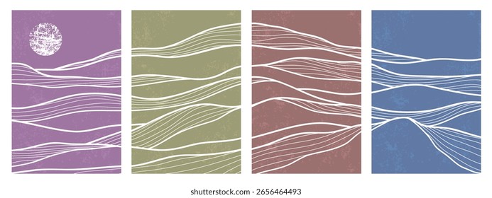 Set of mountain line art backgrounds, luxury wallpaper designs for covers, invitation backgrounds, white line designs, wall art and prints. Vector illustration.