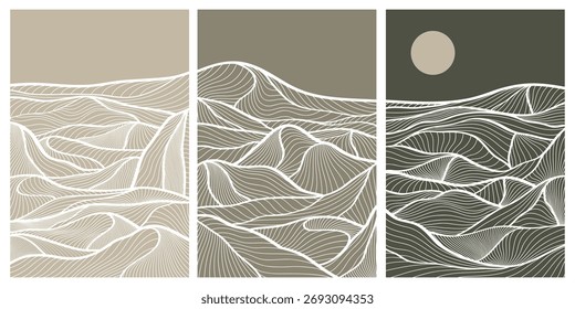 Conjunto de fondos de arte de línea de montaña, diseños de Fondo de pantalla de lujo para cubiertas, fondos de invitación, diseños de línea blanca, arte de pared e impresiones. Ilustración vectorial.