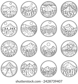Set of Mountain line art drawing