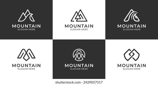 Set of mountain line art icon logo design. Abstract peak adventure outdoor logo symbol.