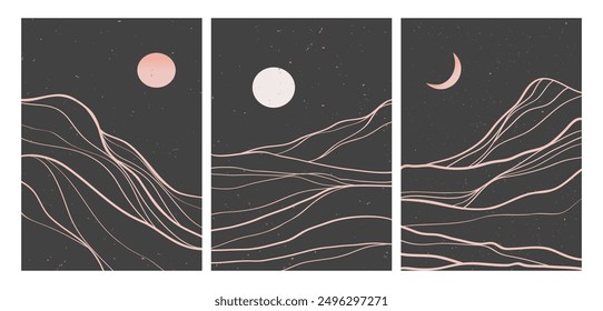 Conjunto de ilustración de paisaje de arte de línea de montaña. Patrón de arte lineal moderno minimalista creativo. Abstractas fondos estéticos contemporáneos paisajes
