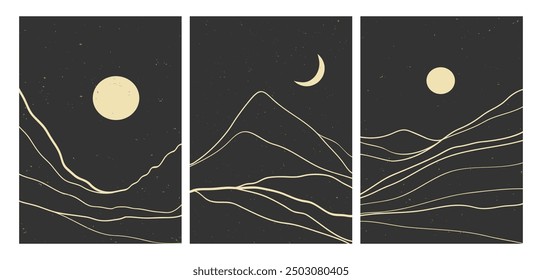 Set of Mountain line art landscape illustration. Creative minimalist modern line art pattern. Abstract contemporary aesthetic backgrounds landscapes