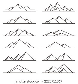 Conjunto de arte de la línea de montaña en estilo simple para iconos, diseños de logotipo, plantilla, papel tapiz
