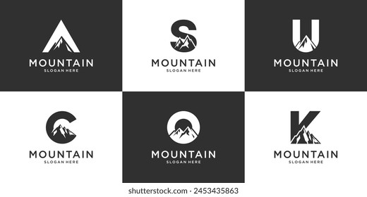 Set of mountain logo with creative alphabet symbol logo design