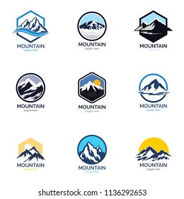 Set of mountain logo design icon template. Explore natural expedition vector illustration collection