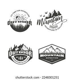 Set the mountain logo and outdoor illustration with monochrome hand drawn retro vintage style vector