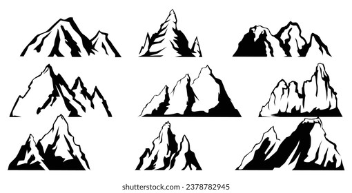 Set of Mountain logo vector. Mountain icon on white background. Abstract mountain outdoor silhouette.