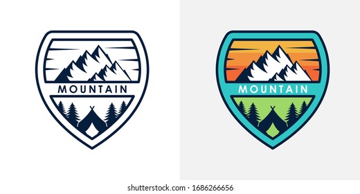Set of Mountain logo vector illustration. Mountain badge design vector template design. Trendy Mountains logo design vector illustration template for Outdoor Adventure.