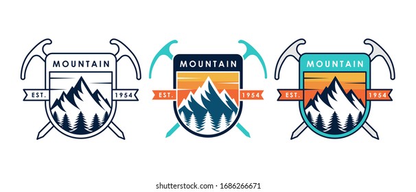Set of Mountain logo vector illustration. Mountain badge design vector template design. Trendy Mountains logo design vector illustration template for Outdoor Adventure.
