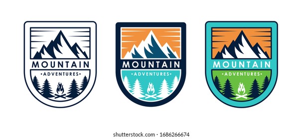 Set of Mountain logo vector illustration. Mountain badge design vector template design. Trendy Mountains logo design vector illustration template for Outdoor Adventure.