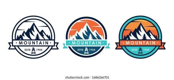 Set of Mountain logo vector illustration. Mountain badge design vector template design. Trendy Mountains logo design vector illustration template for Outdoor Adventure.