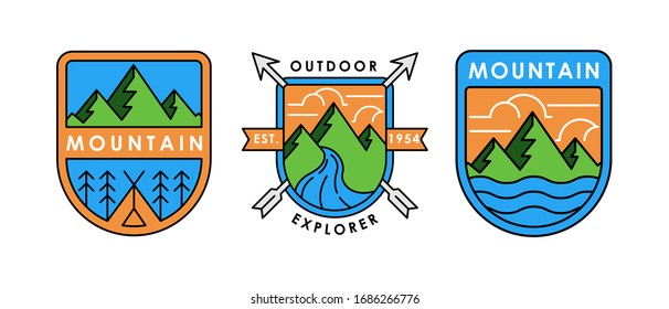 Set of Mountain logo vector illustration. Mountain badge design vector template design. Trendy Mountains logo design vector illustration template for Outdoor Adventure.