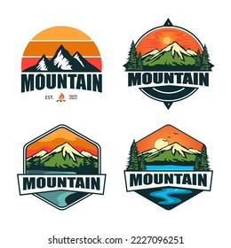 Set of mountain logo vector illustrations. Premium sunset mountain abstract logo for badge, sticker, club, or shirt.